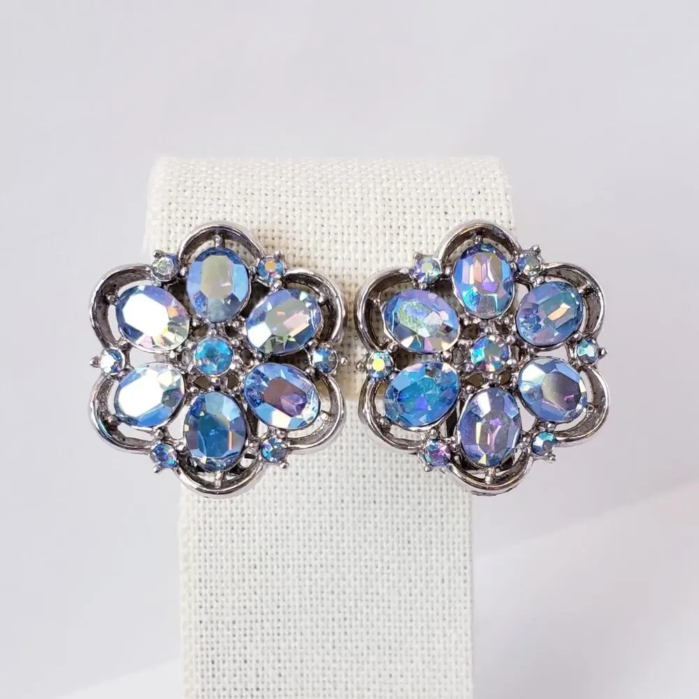 VTG Crown Trifari Aurora Borealis AB Rhinestone Silver Tone Flower Clip Earrings